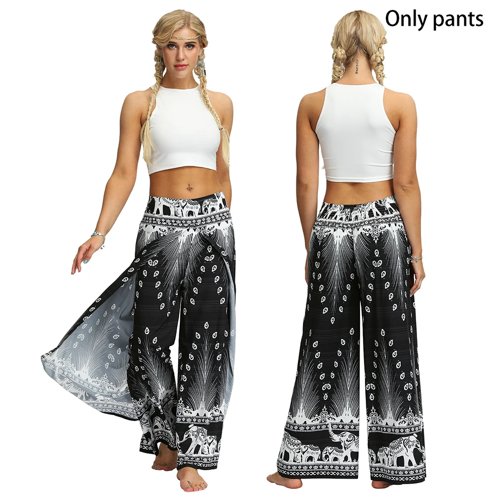 

Women High Split Elastic Waist Relaxation Casual Yoga Pants Wide Leg Pants Casual Beach Indoor Outdoor Vintage Bohemian Pilate