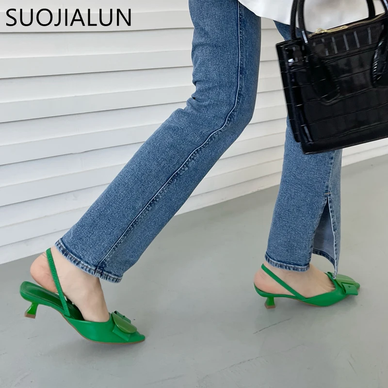 SUOJIALUN 2022 Spring Women Slingback Sandals Fashion Bow-knot Buckle Ladies Pumps Shoes Thin Low Heel Pointed Toe Slip On Mules