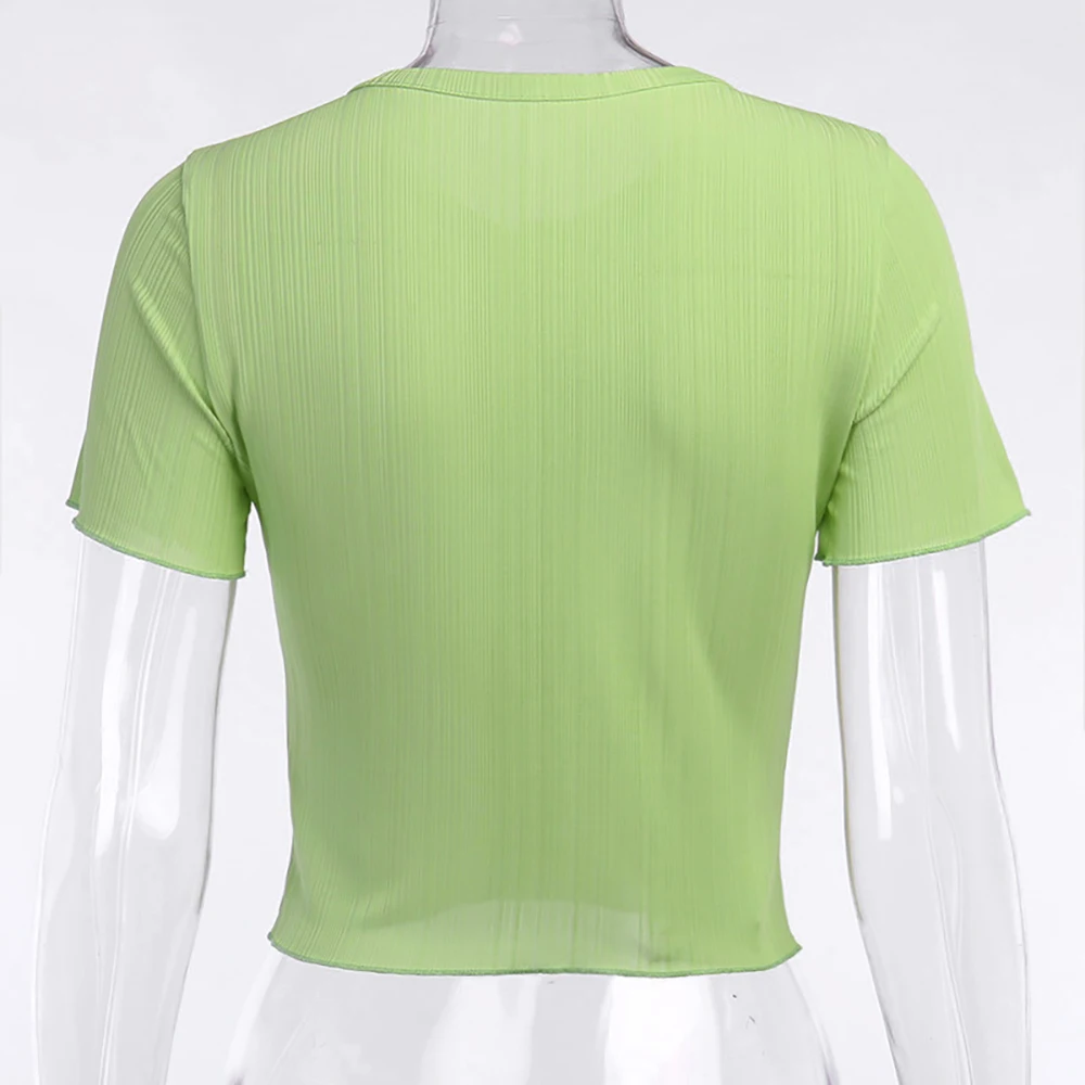 

Sexy O-neck Buttons Short Sleeve Crop Tops Women Casual Tee Shirt Black White Green Purple Shirts Womens Clothes