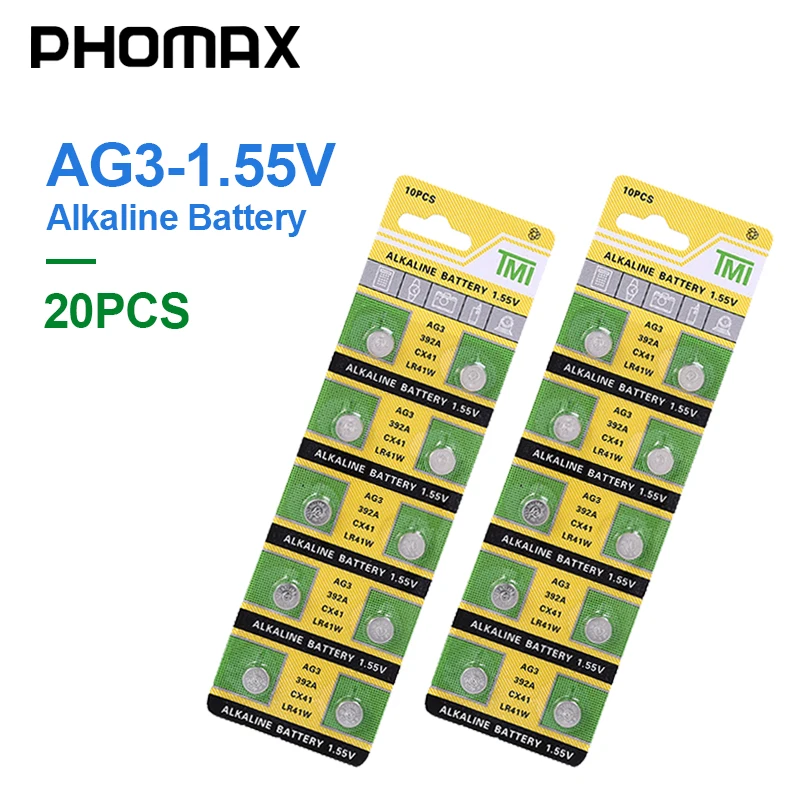Батарея PHOMAX 20 шт./упак. button LR41 CX41 384 щелочная батарея AG3 SR41 192 392A L736 часы батареи