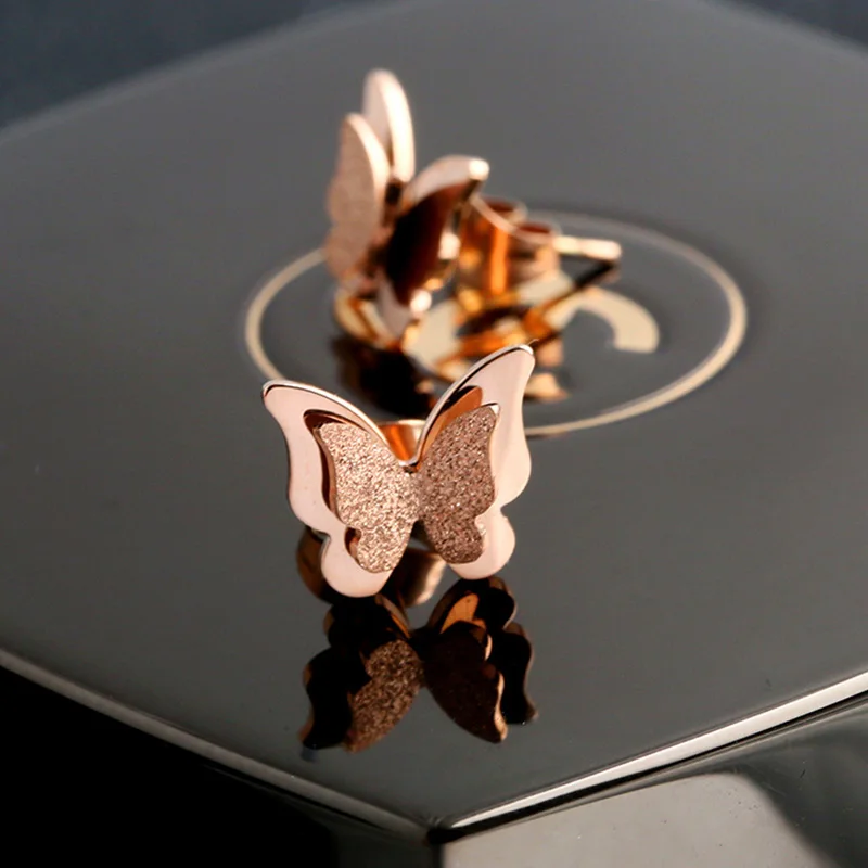 Модные серьги бабочки из нержавеющей стали розовое золото свежий милый Матовый