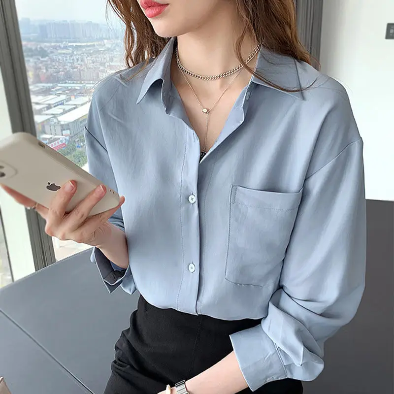 

Women' 2021 Spring Summer Fashion Solid Color Chiffon Shirts Female Long Sleeve Loose Shirts Ladies Thin Pockets Blouses U293