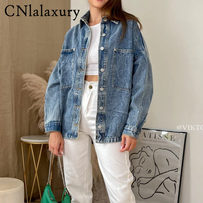 

CNlaalxury 2022New Jean Jacket Female Clothes Oversized Denim Coat Spring Fall 2021 New Jeans Jackets for Women Solid Casual