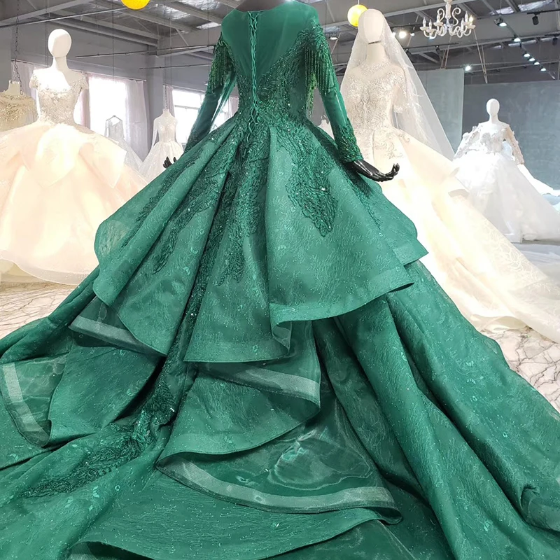 BGW 2020 Green Muslim Evening Dress Plus Size O-neck Long Sleep Green Ball Town Dress Party Evening Town Dubai Dress