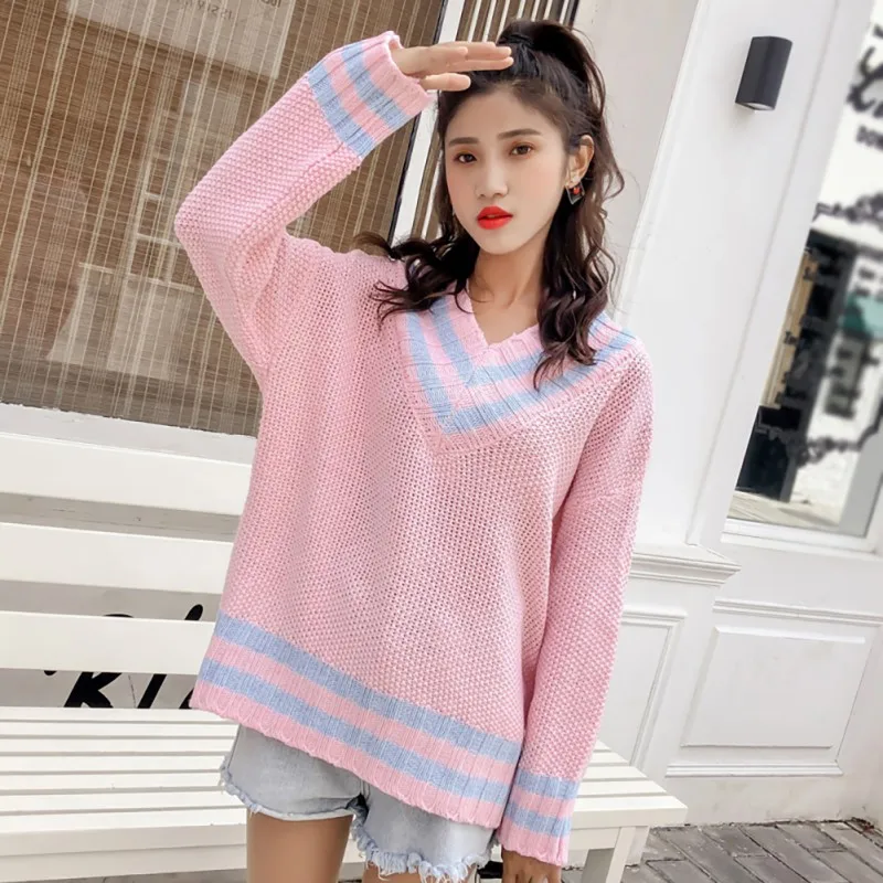 

Women Autumn Winter Loose Sweater Female Pullovers V Neck Casual Long Sleeve Warm Knitted Jumper Fashion Sweet Loose Sweater