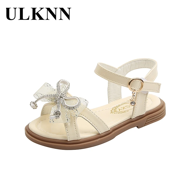 

ULKNN Summer Bow Footwear Kids Princess Fashion Shoes Girl Flats Shoes Children's Round Toe Sandals Non-slip Pink Solid Sandal