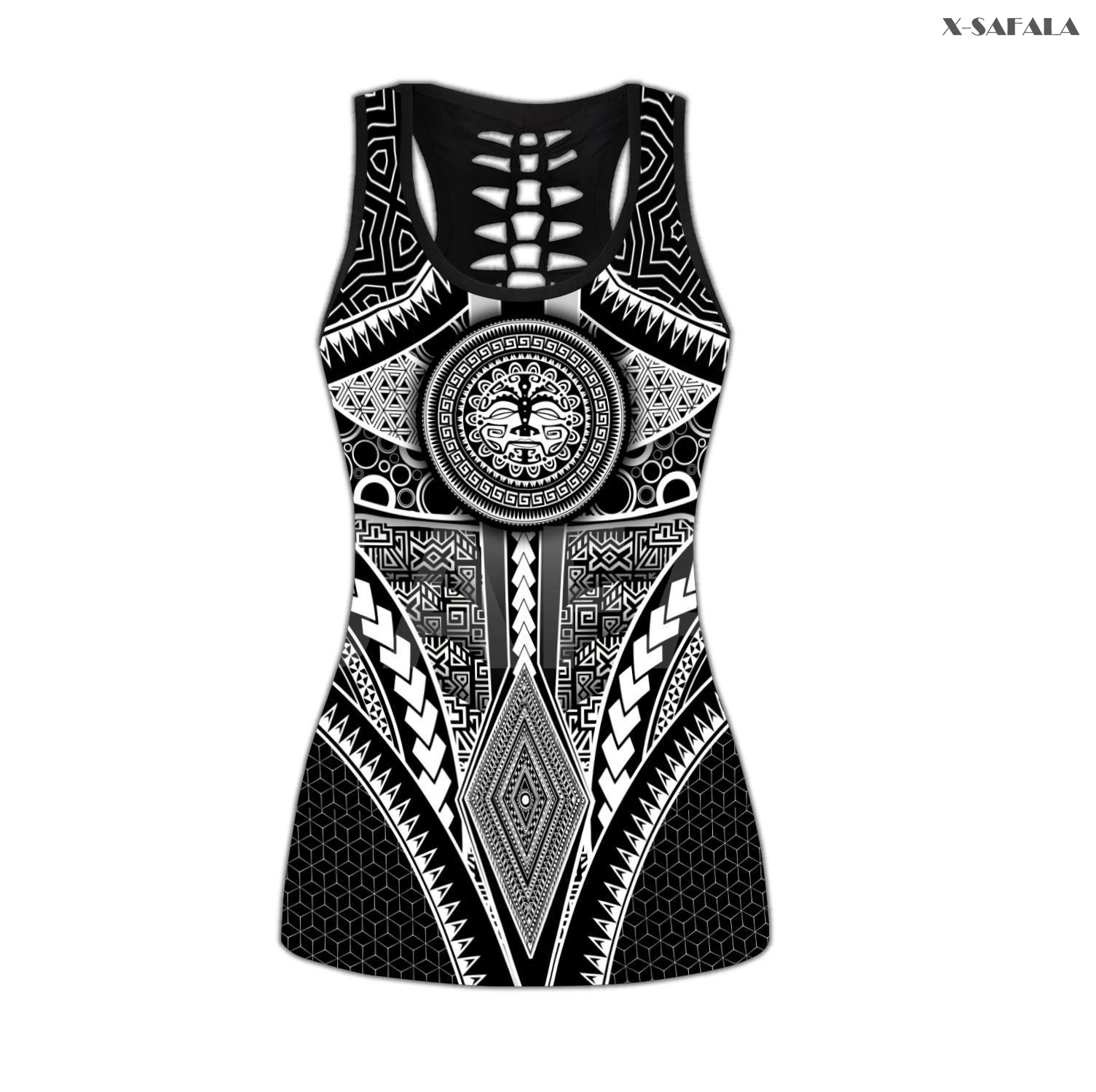 Polynesian Pattern Hawaii 3D Printed Women Yoga Set Combo Hollow Out Tank Top Legging F33 Vest High Waist Gym Sport Elastic