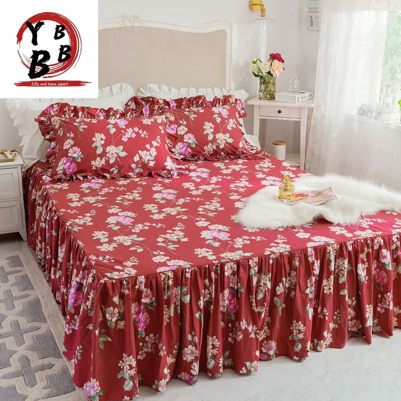

Luxury Cotton flowers Bedding Set Twin Queen King size Bed set red Duvet Cover set old furniture bed skirt pillowcase bedclothes