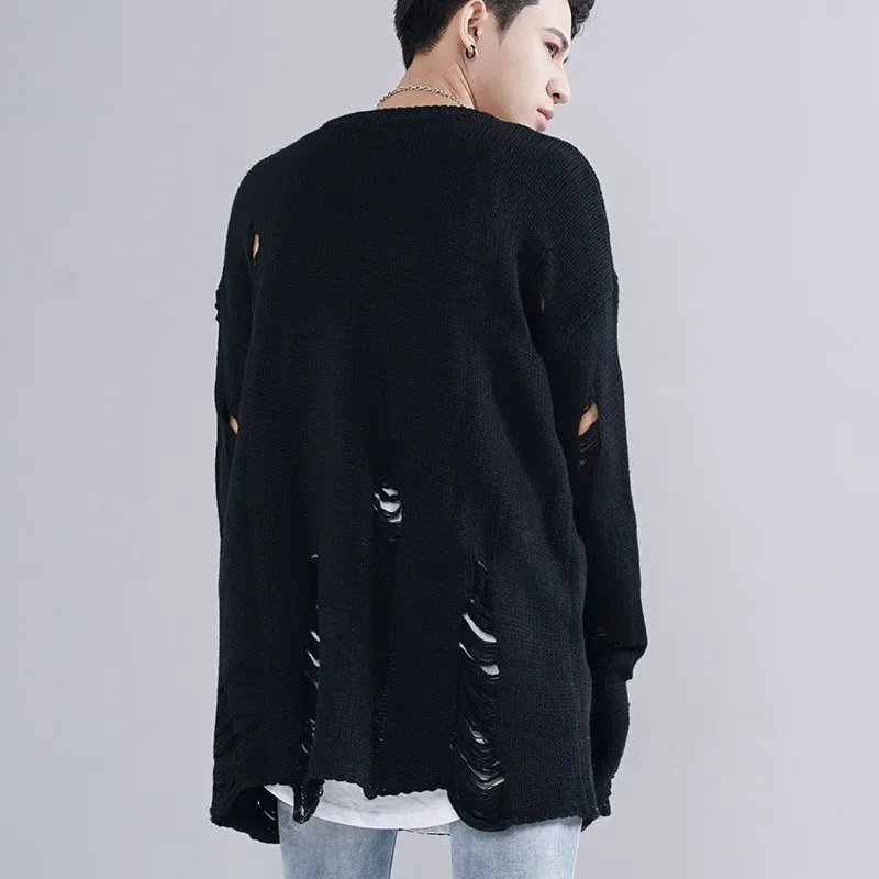 

High Street Personality Baggy Mens Pullover Loose Lovers Kitted Sweater Fashion Hole Ripped Black Casual Sweaters For Men