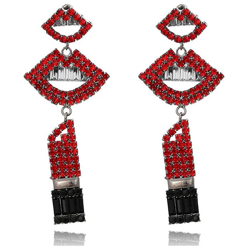

Fashion Sexy Rhinestone Red Lips Lipstick Earrings for Woman 2021 New