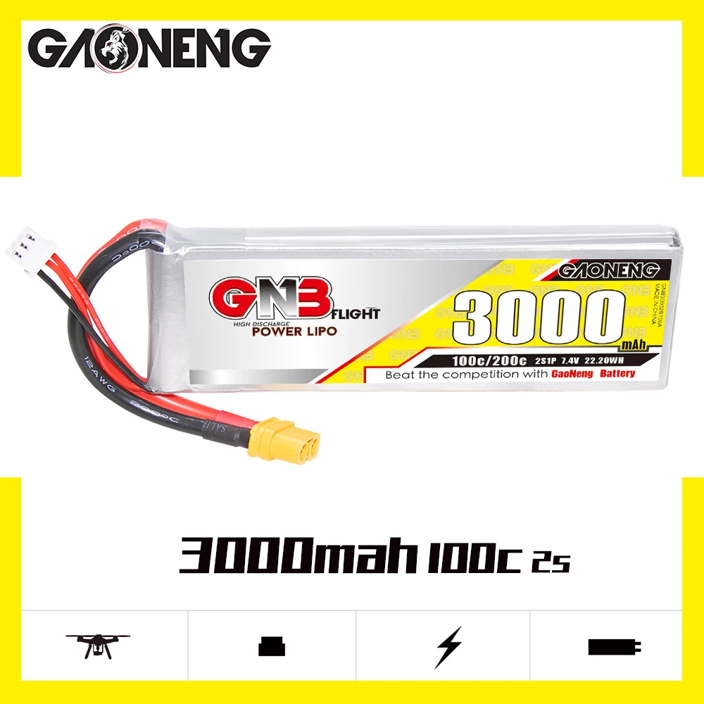 

Легкая литий-полимерная батарея GAONENG GNB 3000 мАч 2S1P 7,4 В 100C/200C с разъемом XT60 для неподвижного крыла радиоуправляемого самолета автомобиля лодки...