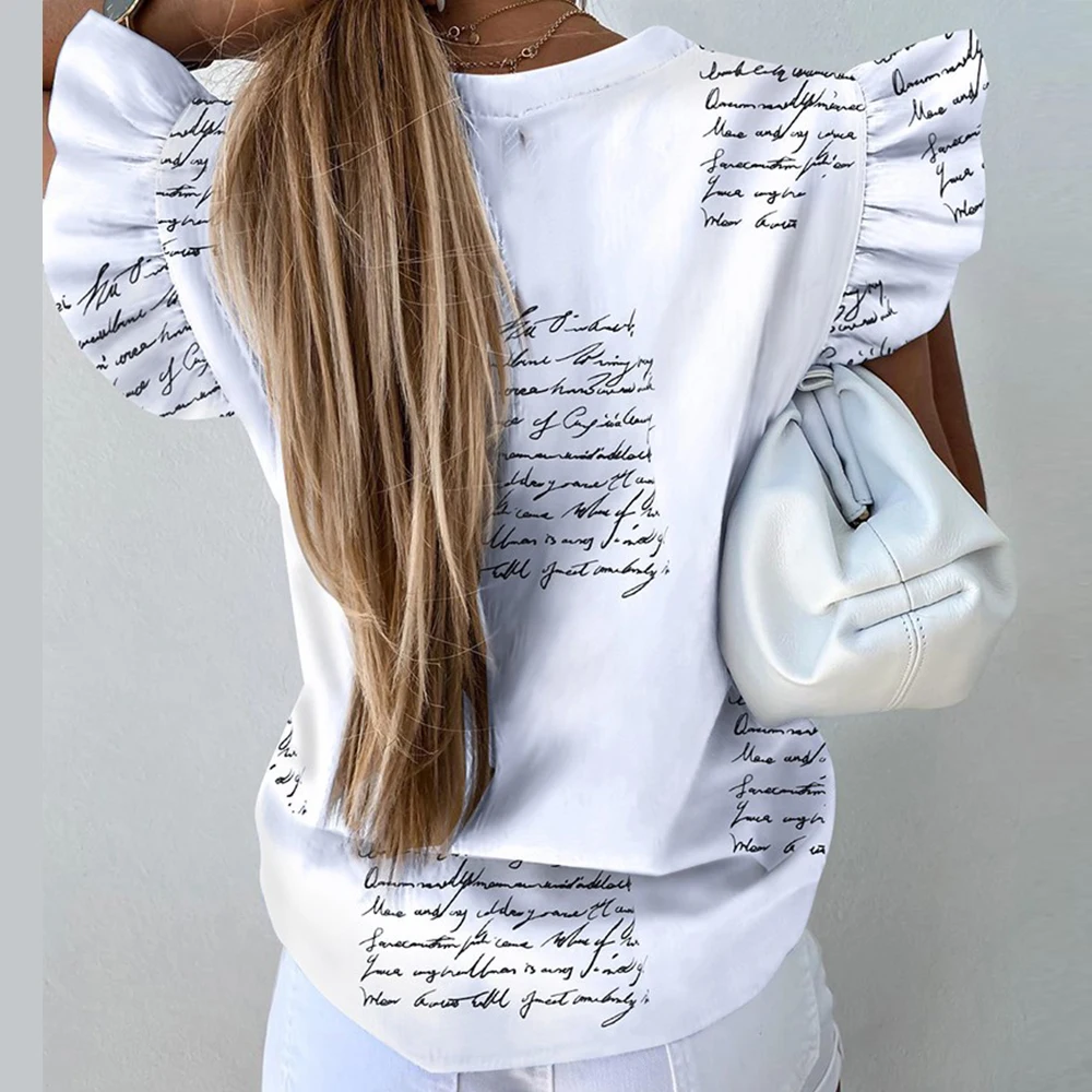 

Striped Print V Neck Ruffle Blouse Shirt Women 2021 Summer Butterfly Sleeve Casual Shirts Fashion Button Office Lady Blouse Tops