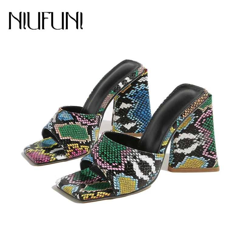 

NIUFUNI Elegant Ladies Dress Shoes Fashion Snake Pattern Open Toe Triangle Square Heels Women Sandals Slippers Slip On Slides