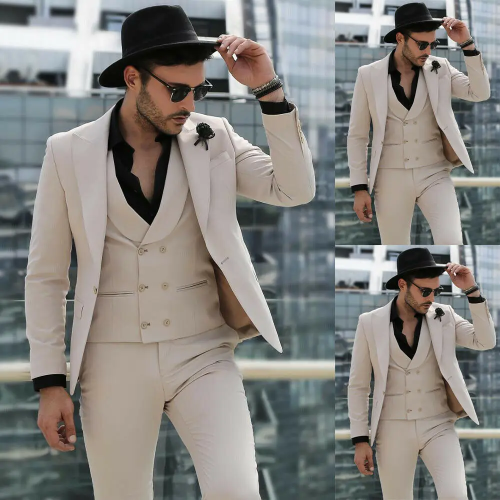 

Beige Men Blazer Suits Jacket Waistcoat Slim Fit Office Wear Wear Tuxedo Groom Suits For Men Wedding 2020 Coat & Vest & Pants