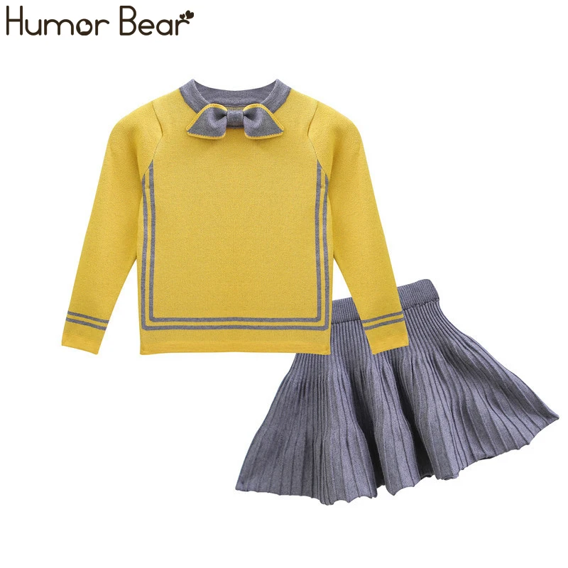 yellow Humor Bear/ г. Модная одежда для маленьких девочек осенний пуловер, свитер+ плиссированная юбка, комплекты зимняя одежда для девочек От 3 до 7 лет - Цвет: yellow