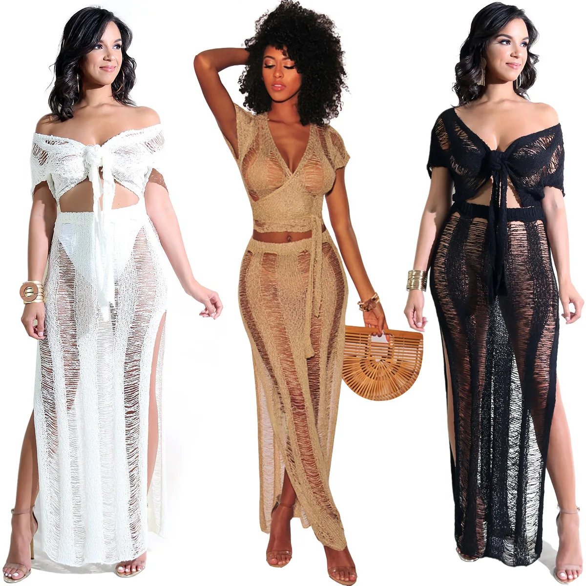 2020 Summer Sexy Club Outfits Women Two Piece Set Hollow Out Knitting Transparent Party Dress V-Neck Transformable Shirt |