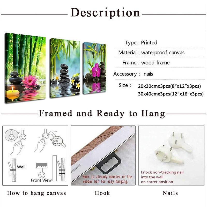 Spa настенная живопись на холсте 3 панели в рамке готовый к подвешиванию