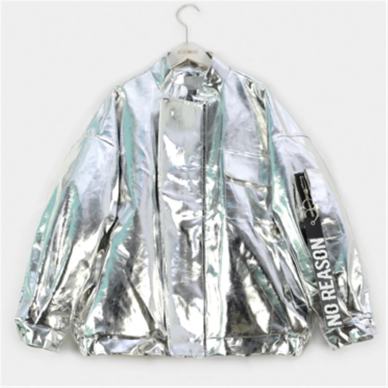 

Street 2021 Women Autumn Jacket Plus Size Loose Metal Color Pink Purple Silver Stand Neck Coat Party Fashion Female Outer HD247