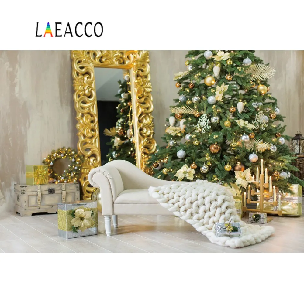 Laeacco Рождественская елка зеркало стул подарок цемент стены вечерние детская