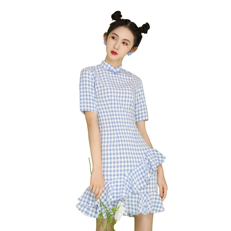 

Make qipao young girl with the summer checked the new modified dress small pure and fresh fish