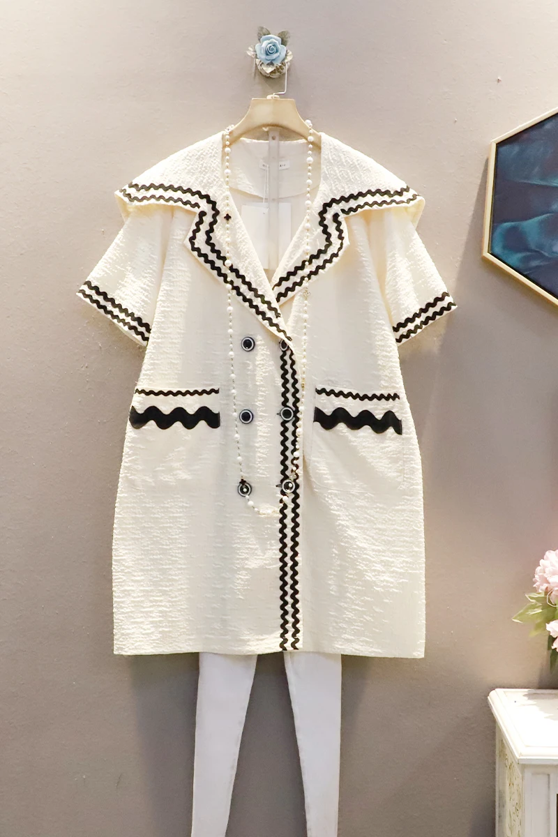 

SuperAen Summer New Retro French Bow Double Breasted Sailor Collar Loose Plus Size Knee-Length Dresses Women