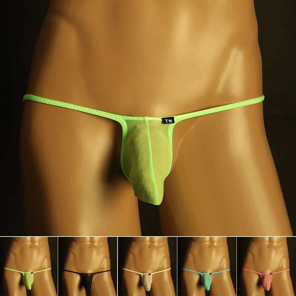 Трусы-стринги мужские ультратонкие прозрачные сетчатые с мешочком гей-трусы