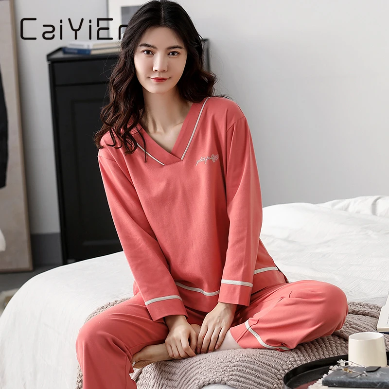 CAIYIER New Solid Cotton Pajamas Set Winter Women Sleepwear Embroidery Letter V-Neck Casual Nightgown Underwear Large Size M-3XL