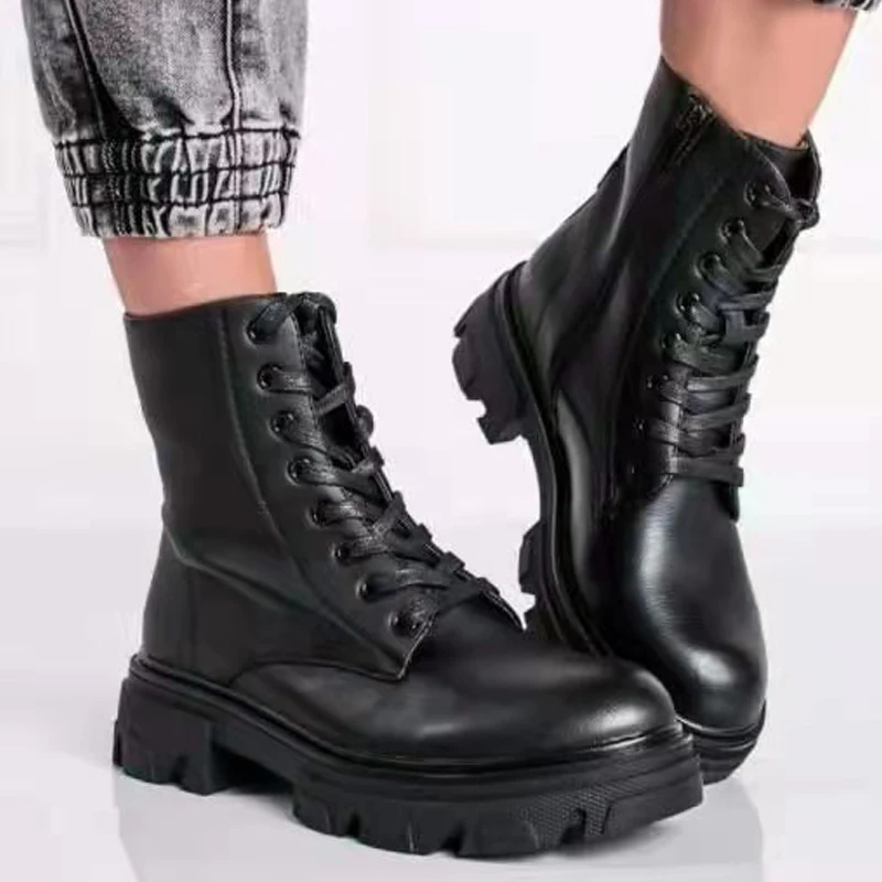 

Новинка 2021, женские ботинки, осенне-зимняя модная однотонная женская обувь из искусственной кожи, ботильоны на толстой подошве, удобная жен...