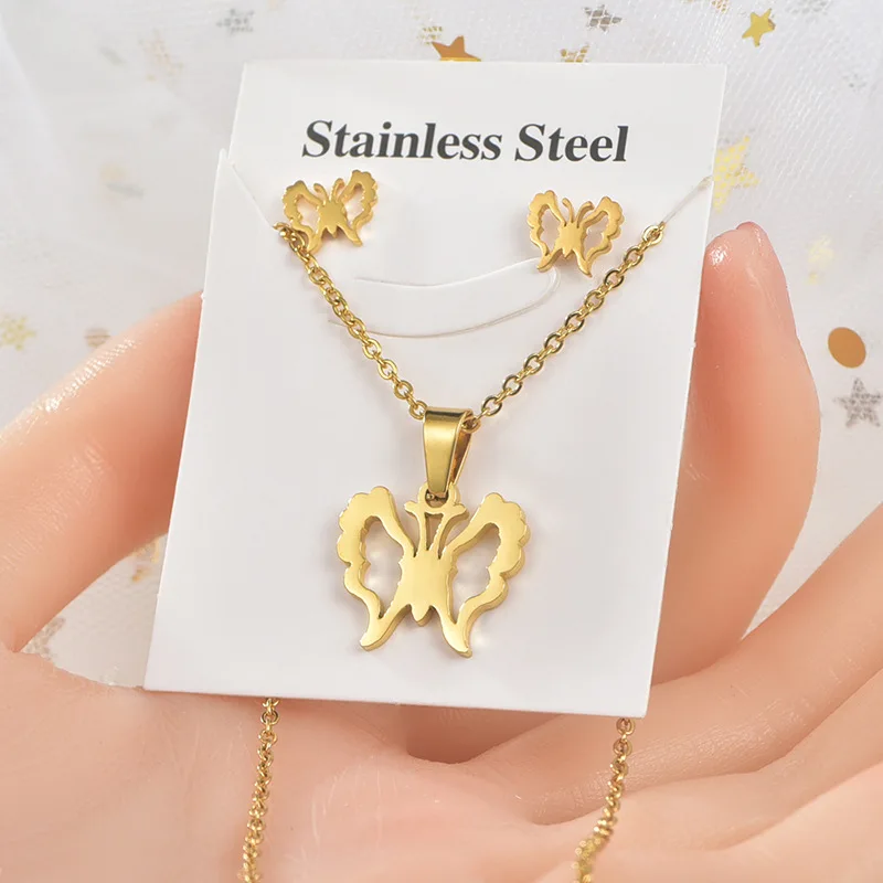

Trendy Butterfly Choker For Women Adjustable Gold Chain Charm Stainless Steel Pendant Necklace Earrings Bridal Jewelry Sets Gift