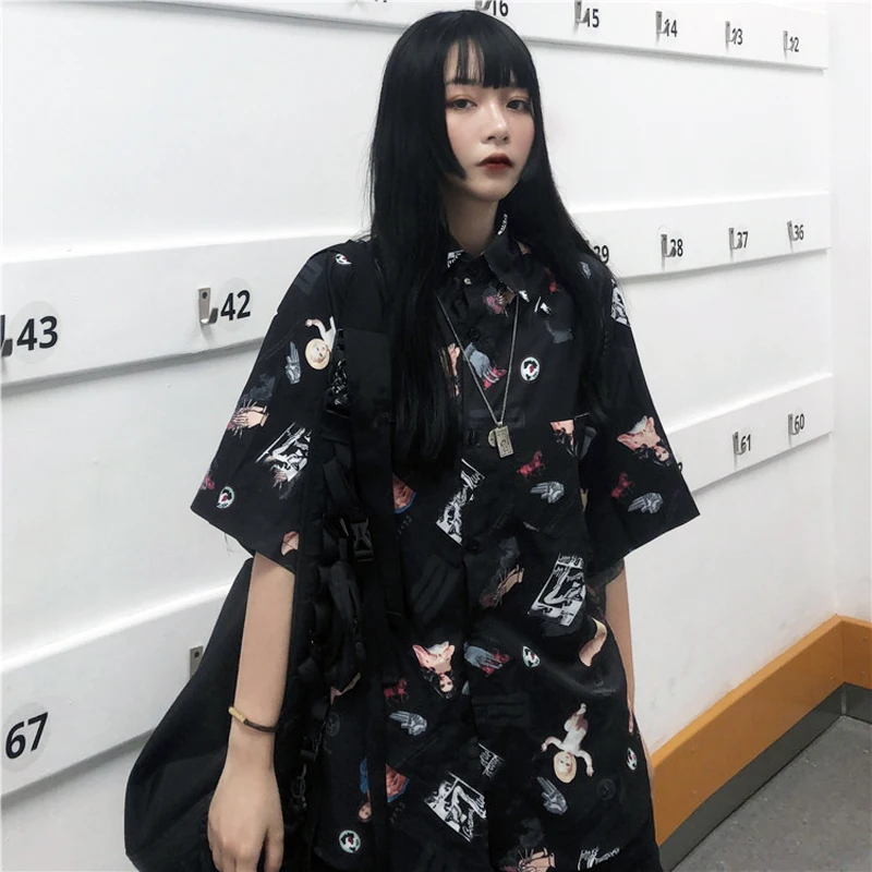 Рубашка в стиле Харадзюку С мультяшным аниме принтом женская летняя шифоновая