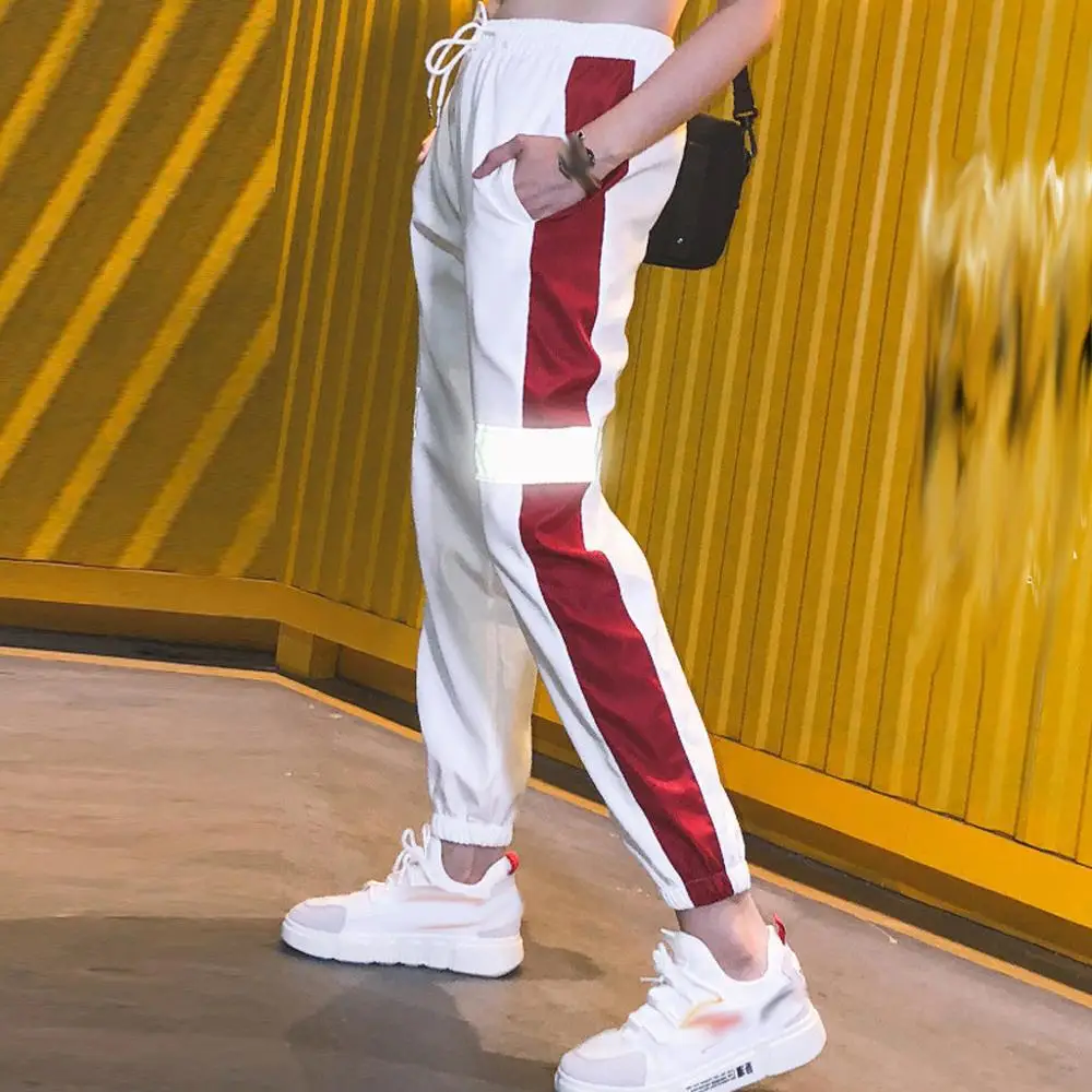 Женские брюки в полоску корейские свободные Светоотражающие Брюки уличная мода