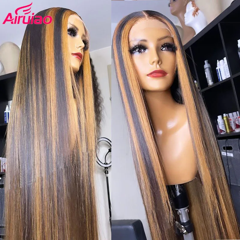 Colored Highlight Wig Human Hair Bone Straight Hair Ombre Lace Part Wigs For Black Women Transparent HD Lace Wig Preplucked Remy