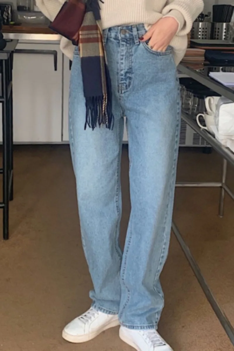 

Korean Vintage High Waisted Blue Denim Jeans Female 2021 Spring Casual Loose Straight Long Pants Denim Trousers for Women