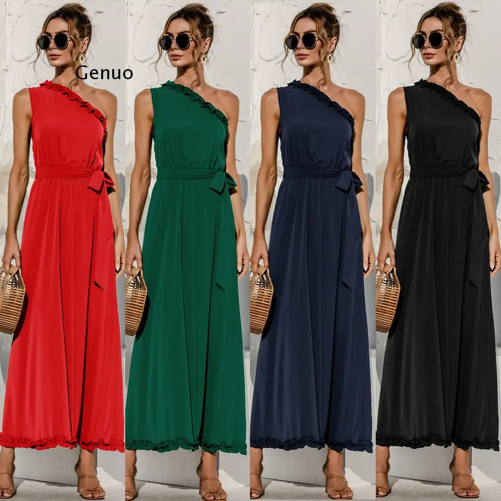 

Летние женские платья, Модное Новое привлекательное однотонное черное облегающее платье-трапеция с косым плечом, высокой талией и оборками...