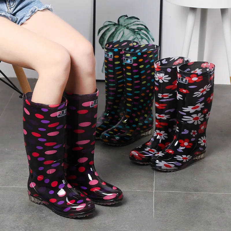 New Fashion Printing Knee-High Rain Boots Women Non-slip Waterproof Work Water Shoes Female Light Comfort PVC Rainboots