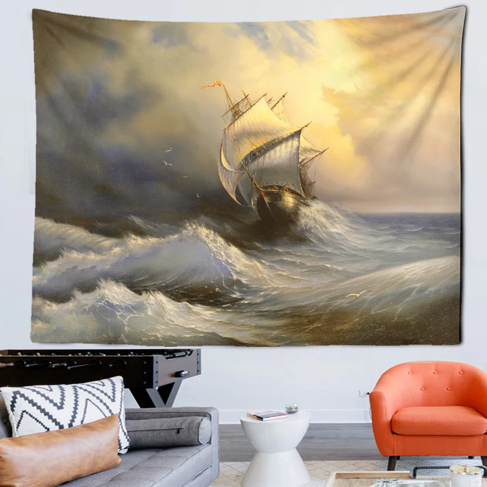 Классический настенный гобелен с волнистым парусником художественное украшение