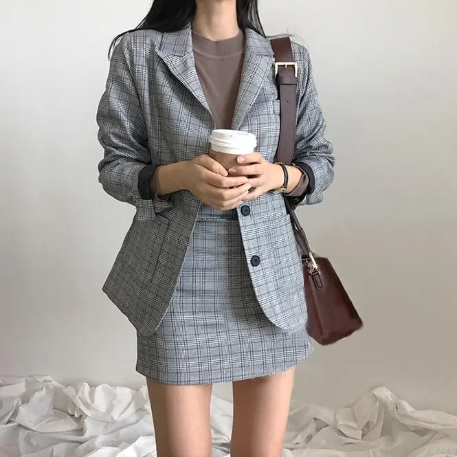 

chic blazer coat plaid mini skirt suit women jacket suit office lady jacket high waist skirt 2 piece set women