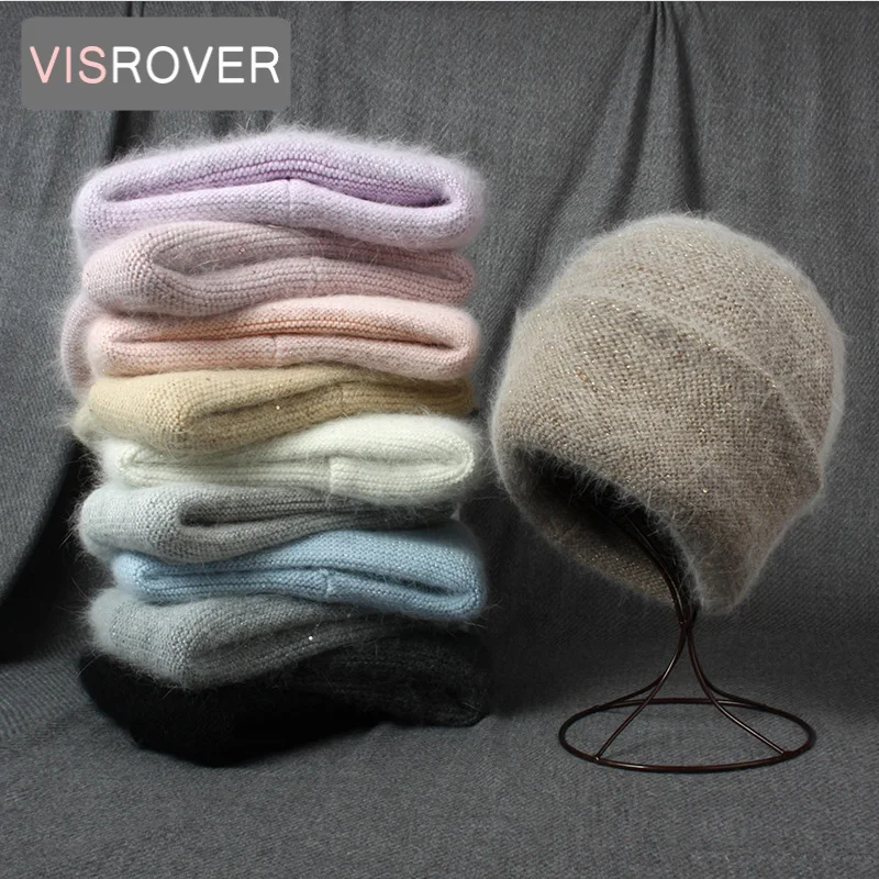 

VISROVER 11 Rabbit Cashmere unisex Woman Winter Hat With Sequin and Lurex Autumn Beanies Cashmere Woman Warm Wool Skullies Gift