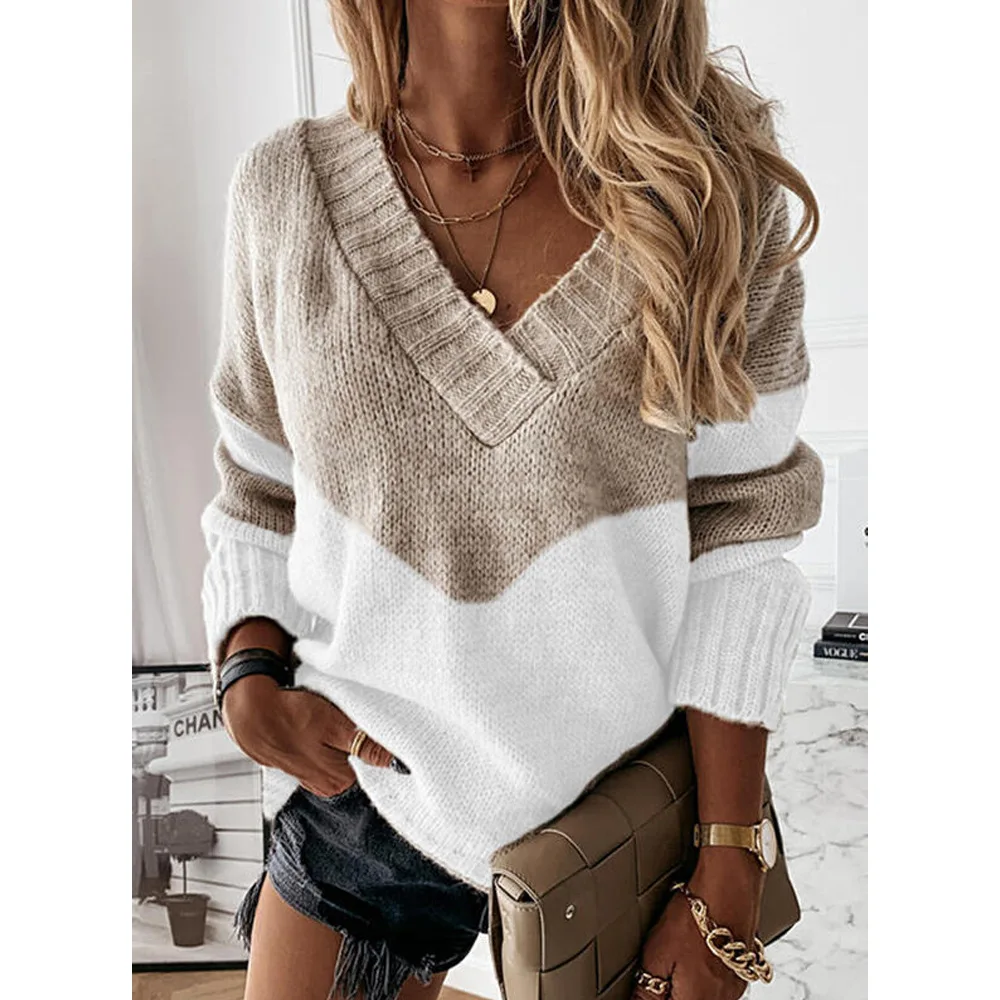 

Women's 2021 New Autumn Gradient Knitted Sexy V-neck Long Sleeve Warm Blouse