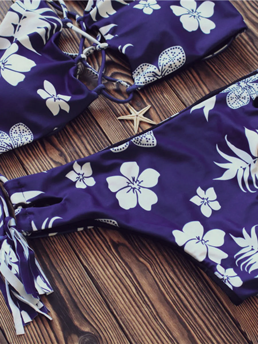 

SALE Summer Women Sexy Lace-Up Boho Leaf Print Bikini Set Female Fashion Hollow Blue Two Pieces Beachwear Swimming