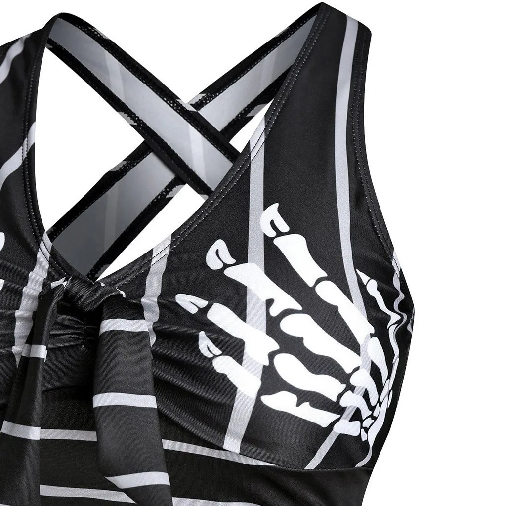 

women's swimsuit Polyester separate swimsuit Women Push-Up Padded Bikini Skull Striped Print Cut Out Padded Tankini Set