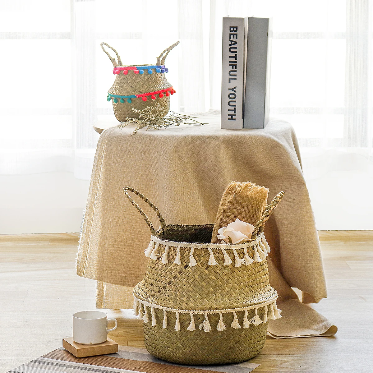 Handmade Bamboo Seagrass Wicker Storage Basket with White Tassel - Garden Flower Pot, Laundry Container, and Toy Holder image 5