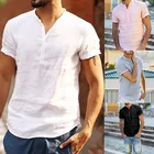 Летние мужские льняные футболки с коротким рукавом и V-образным вырезом, дышащие однотонные Мешковатые повседневные приталенные хлопковые топы, пуловеры, мужские льняные рубашки