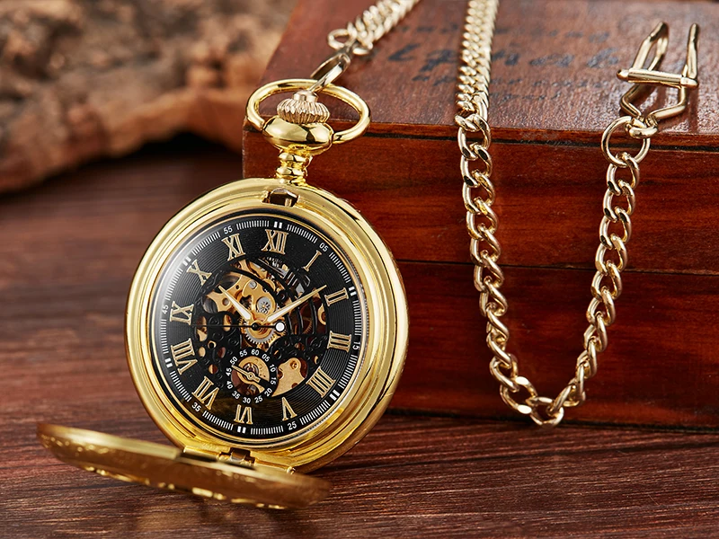 Golden Gold Mechanical Hand Wind Pocket Watches Blue Roman Numeral Dial Mechanical Flip Watch Men Clock With Fob Chain Gift Box images - 6