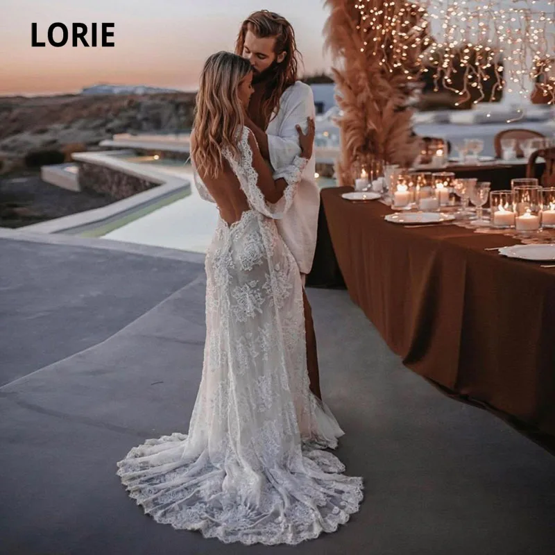 

LORIE Bohemian Wedding Dresses Lace V-Neck Elegant Wedding Gown Boho Beach Bridal Dress Long Sleeves Open Back vestido novia