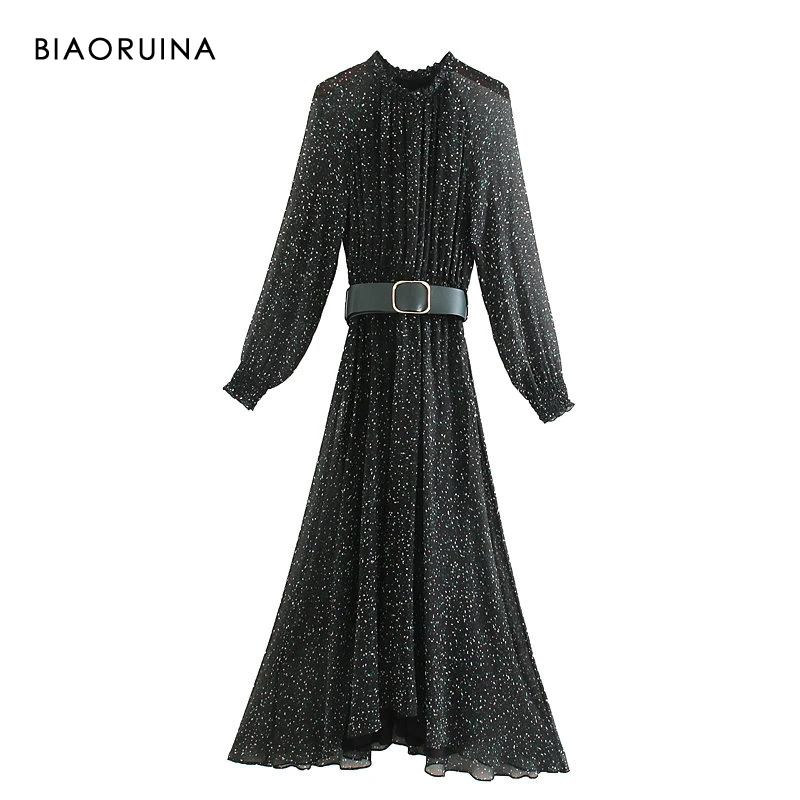 Женское длинное шифоновое платье BIAORUINA плиссированное в горошек с поясом круглым