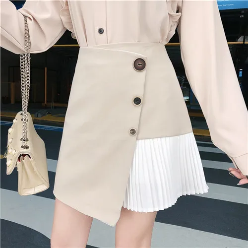 khaki skirt M Новые шифоновые рубашки на шнуровке с длинными рукавами топ+ Асимметричная юбка с завышенной талией, комплект для офиса, Женская рабочая одежда комплект с юбкой на пуговицах - Цвет: khaki skirt M