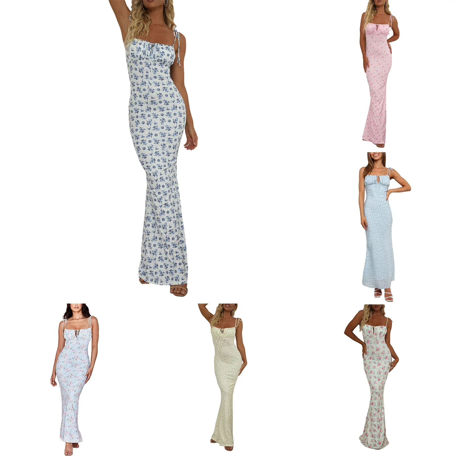 

Sexy Women Summer Off Shoulder Braces Floral Tied Spaghetti Strap Sleeveless Full-Length Fishtail Slip Dress for Girls 6 Colors
