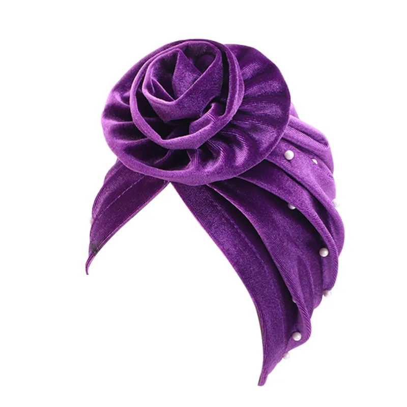 

New Arrival Velet Beaded Flower Turban Hat Women Solid Color Headwear India Muslim Bonnet Cap Girl Hair Accessories