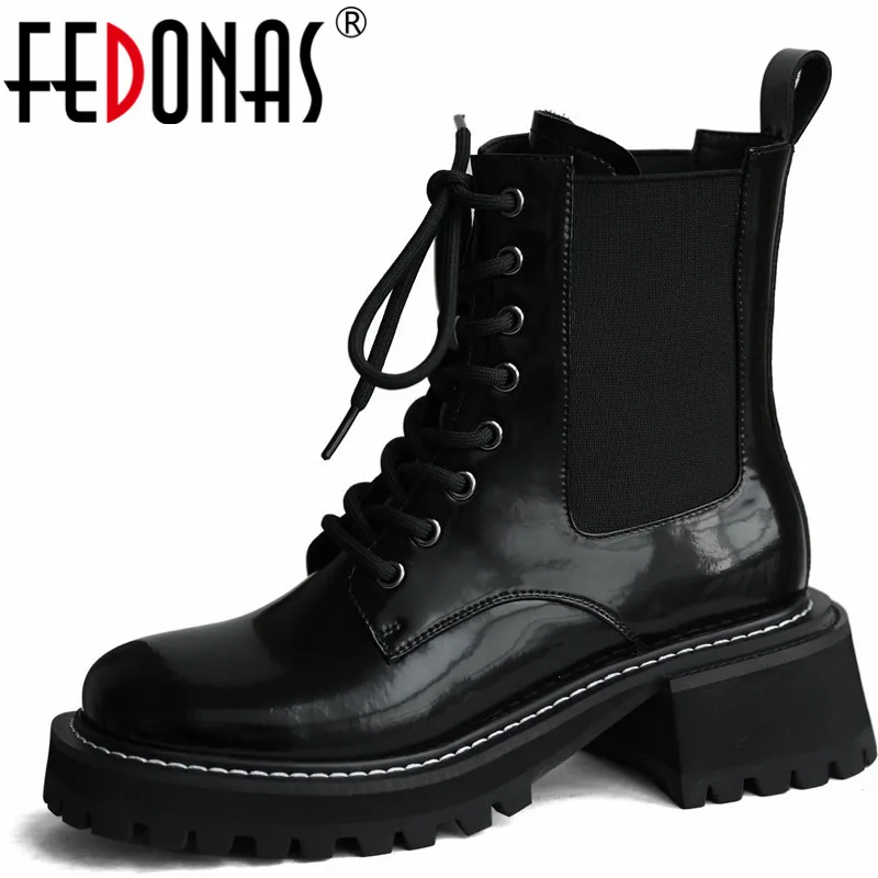 

Женские ботильоны на шнуровке FEDONAS, Черные полусапожки из натуральной кожи на толстых каблуках, повседневная обувь на осень-зиму